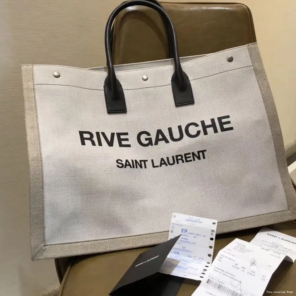 Tony Luxuries IN YSL BAG LEATHER RIVE AND LINEN TOTE GAUCHE 0608